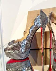 CHRISTIAN LOUBOUTIN 150 MM Silver Metallic Torsatoe Glitter Platform Peep-Toe High Heel Pumps