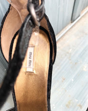 Load image into Gallery viewer, MIU MIU Patent Leather Velvet Gold Wedge Heels
