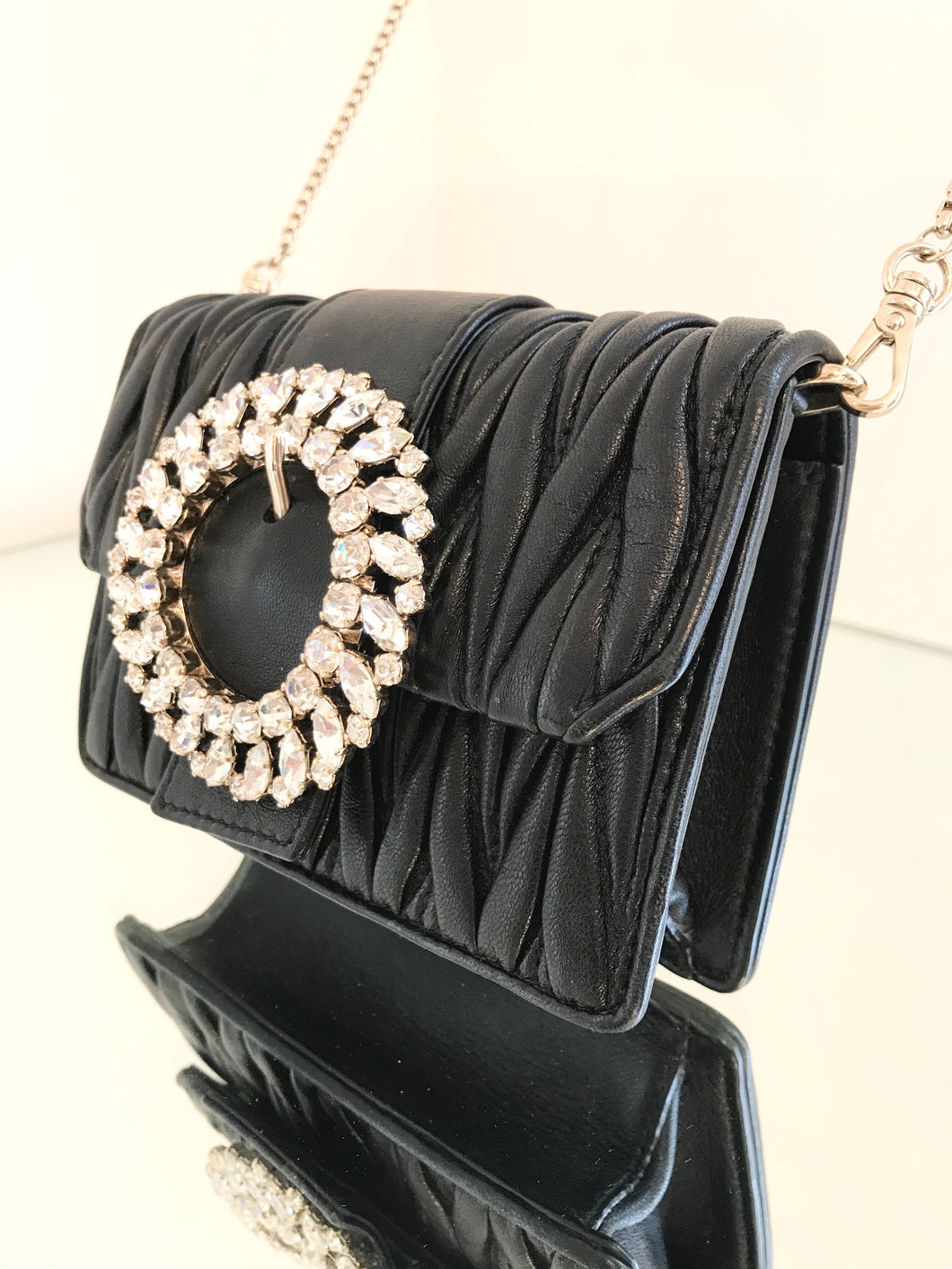 MIU MIU Matelasse Napa Leathr Crystal Embellished Buckle Mini Crossbody Bag