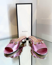 Load image into Gallery viewer, GUCCI Lyric Crystal Embellished Block Heel Leather Mules
