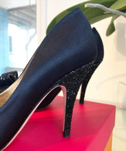 Load image into Gallery viewer, KATE SPADE Latrice Navy Satin Black Glitter Bow Pointy High Heel Pumps
