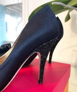 KATE SPADE Latrice Navy Satin Black Glitter Bow Pointy High Heel Pumps