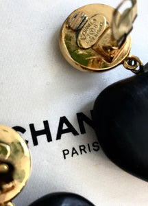 CHANEL Vintage CC Logo Faux Pearl and Wood Heart Drop Clip On Earrings