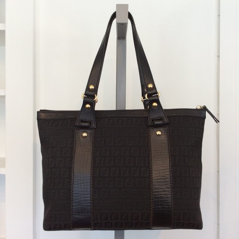 FENDI Logo Leather and Canvas Tote